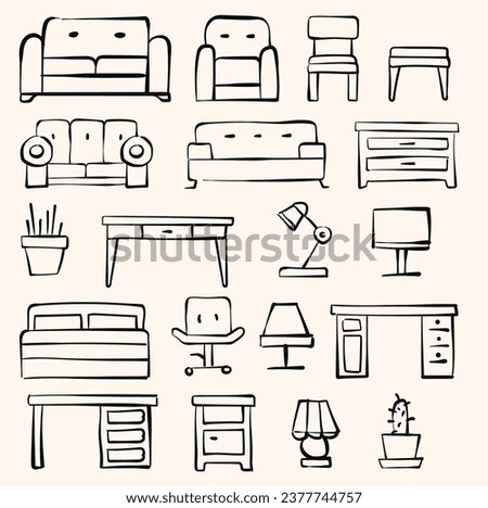 Hand drawn living room furniture icons. doodle and line art style