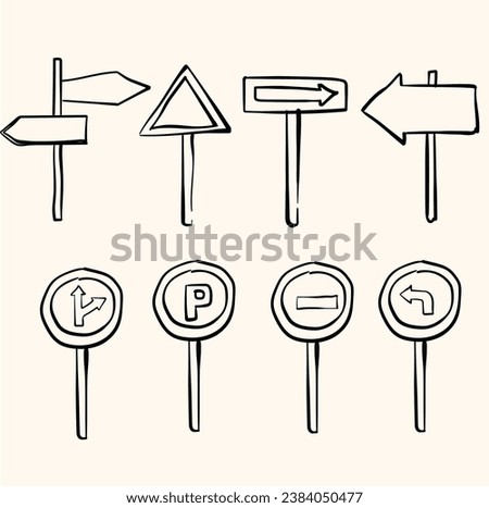 Sketch doodle of Road signs. A set of simple sketches of arrows. Up, down, left, right. Doodle style line art