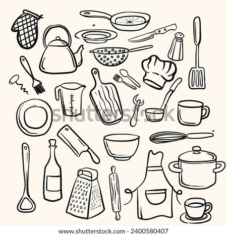 Set of kitchen utensils with doodle and line art style images