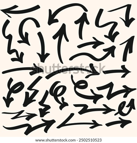 Brush, marker drawn bold arrows set With illustration style doodle and line art