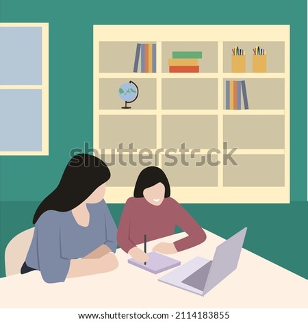 Creative Vector illustration drawing of Happy young indian parent mother helping teenage child daughter remote learning online virtual class on laptop together at home.Modern Design Illustration