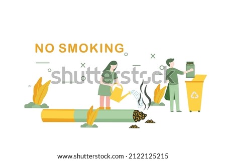 Concept Vector illustration of no smoking area, Stop Smoking, Healthy Lifestyle Start, Unhealthy Habit Quit, Lungs Diseases Prevention. Man throw cigarettes in the trash, woman turning off cigarette.