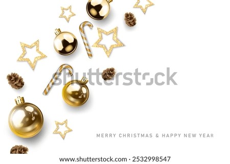 gold christmas balls,stars decorative abstract merry christmas and happy new year celebration white background top view. greeting card,poster and banner vector illustration.