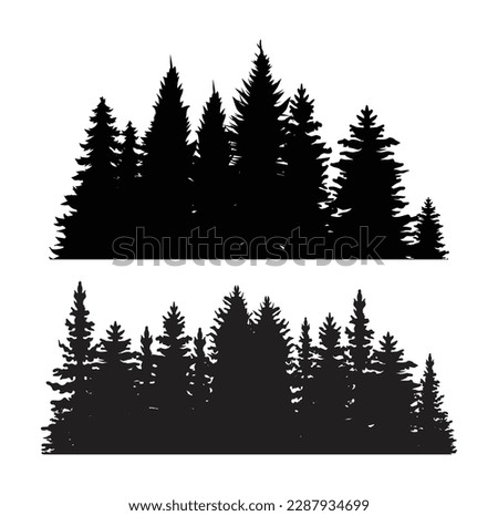 Beautiful hand drawn forest fir trees silhouettes, coniferous spruce horizontal background pattern, Black evergreen woods vector illustration
