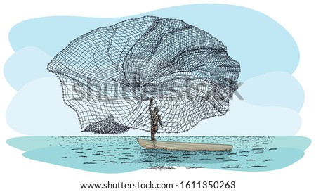 Artisanal fishing technique in river called Atarraya - Fishing net in Spanish language: Silhouette of man on a small canoe throwing the fishing net to the river