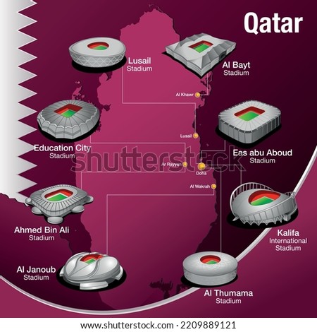 Drawing of the stadiums built in Qatar for the soccer championship on the map of Qatar with the colors of the flag. Vector image