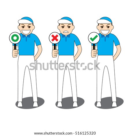 Cartoon illustration man standing and smiling holding sign board for correct and incorrect, yes and no, true and false, right and wrong, approved and rejected. Including Japanese style green circle.