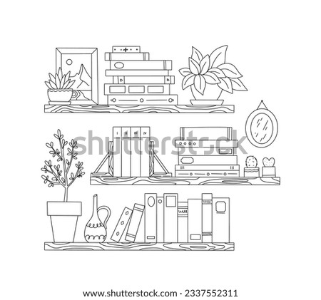 shelf outline illustration. Book shelf. Vector illustration. isolated on white background. Hand drawn sketch of shelves. Home Interior design elements. Interior furniture. Simple bookshelf. wall shelf