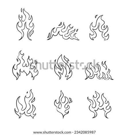 Fire and flames outline icon set. Contour bonfire, linear flaming. Hand drawn fire flames sketch. different fire flames thin line style. vector illustration. isolated on white background. Fire sign.