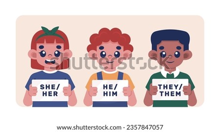 gender pronouns background. Text with gender pronouns. gender pronouns illustration. young people with their gender pronouns - she, he, they, Him, Her, Them. Vector illustration.