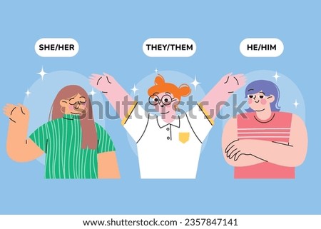 gender pronouns background. Text with gender pronouns. gender pronouns illustration. young people with their gender pronouns - she, he, they, Him, Her, Them. Vector illustration.