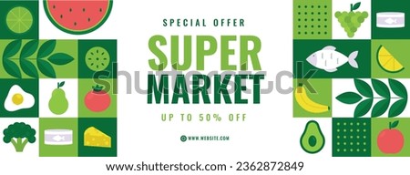 supermarket template. groceries. Grocery store, Shopping, Supermarket, Fresh food, Home delivery, Ordering, Sale concept. vector illustration for poster, banner, flyer, advertising, promo, commercial.