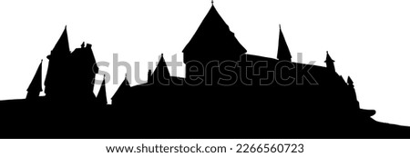 School of witchcraft and wizardry. Castle with many towers. Landscape Hogwarts. Vector black and white illustration in doodle style isolated on white background.