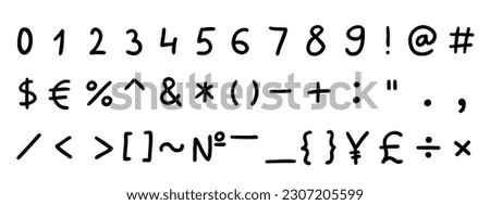 Scribble black special mathematical and other symbols and signs font 0 to 9. Vector illustration in hand drawn doodle style isolated on white background. For learning, card, logo, sales, decorating.