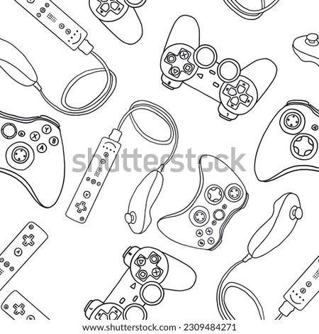 Seamless pattern of game controllers.  Microsoft Xbox, Sony PlayStation, Nintendo Wii. Vector illustration in hand-drawn outline flat style on white background