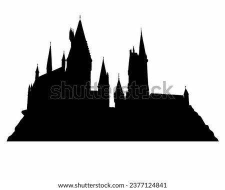 Silhouette shadow of school of witchcraft and wizardry. Landscape of Hogwarts Castle with many towers and walls. Simple doodle black filled hand drawn vector illustration isolated on white background.
