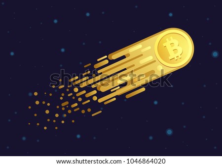 Vector Cartoon illustration of comet with golden bitcoin symbol flying in open galaxy space.