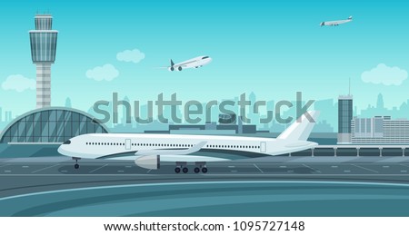 Airport Terminal building with aircraft taking off. Monochrome mono color vector airport landscape.