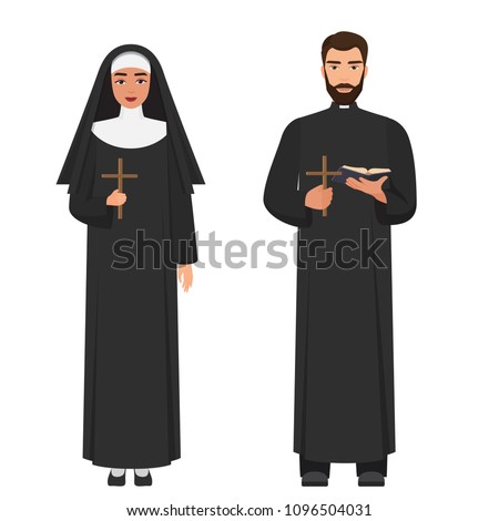 Vector Catholic priest and nun holding cross rood.