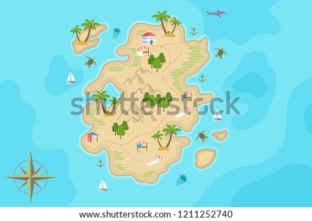 Pirate fantasy cartoon island map. Vector Treasure island.
