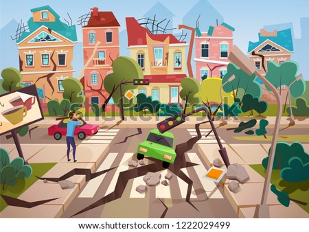 Earthquake Disaster with realistic ground crevices and small destroyed town houses vector illustration design.