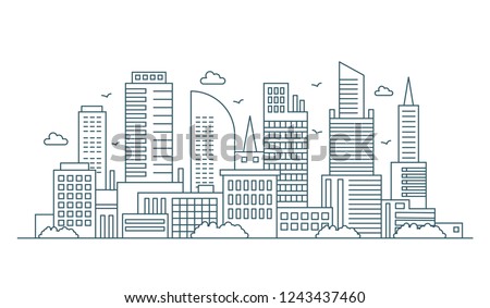 Line modern urban big city panorama. Outline stroke cityscape skyscrapers vector illustration.