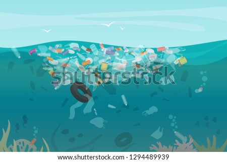 Plastic pollution trash underwater sea with different kinds of garbage - plastic bottles, bags, wastes floating in water. Sea ocean water pollution concept vector illustration.