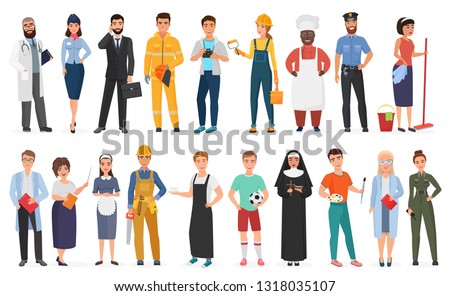 Collection of men and women people workers of various different occupations or profession wearing professional uniform set vector illustration.