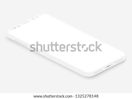 Isometric white vector smartphone. 3d realistic empty screen phone template for inserting any UI interface, test or business presentation. Perspective view floating soft mock up design.