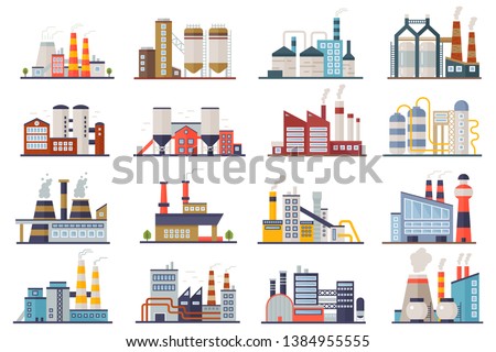 Factory industry manufactory power electricity buildings flat icons set isolated. Urban factory plant landscape vector illustration.