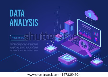 Data analysis dark neon light isometric web vector template. Web analytics, marketing service. Big data, Iot 3d concept. Business financial research. Database, data storage. Statistics analyzing