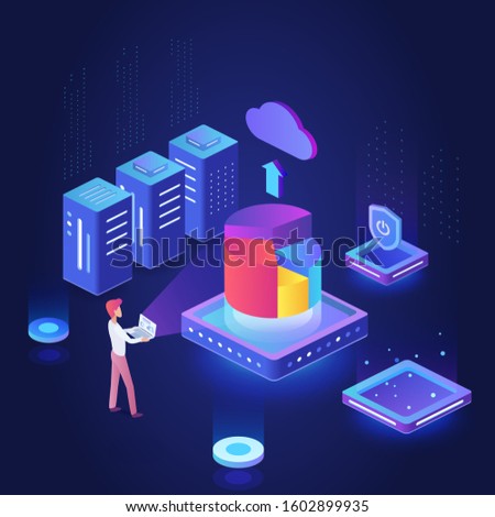 Cryptocurrency exchange isometric dark neon vector illustration. Futuristic electronic machine. Share info online. Upload data to cloud server. Trading service cartoon conceptual design element