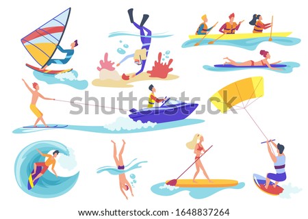 Flat cartoon different female male involved in water sports activities isolated on white background. Happy people swimming diving underwater, riding banana, kite surfing kayaking, vector illustration.