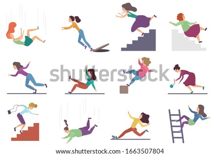 Set of flat vector injuring female woman falling down the stairs and over the edge, ladder, drop from the altitude, wet floor falling, stumbling on the sewer hall, tripping on stairs isolated