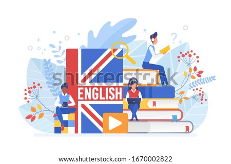 People learning English vector illustration. Distance education, online learning concept. Students reading books cartoon characters. Using hi-tech gadgets for teaching foreign languages