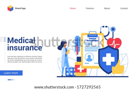 Online medical insurance vector illustration. Cartoon flat website interface design with insurer or doctor character standing near contract document form next to medical cross shield. Medicine healthcare technology concept