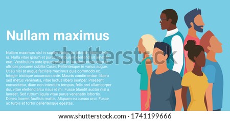 Woman man characters, diverse group vector illustration. Cartoon flat young faceless people of different nationality and races standing in crowd together, with backs to each other creative background