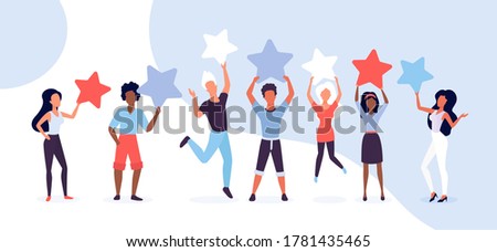 People customer review vector illustration concept. Cartoon flat man woman clients holding rating stars, reviewer character group giving feedback to service or business, reviewing service background