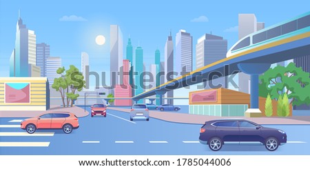 Subway city train vector illustration. Cartoon 3d urban panoramic cityscape with modern skyscraper buildings, public metro train traveling on railway bridge, empty crosswalk and cars on street road