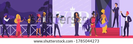 Celebrity vip party vector illustration. Cartoon flat superstar woman man character walking on red carpet, paparazzi taking photo by famous star actor model on celebrity ceremony event background