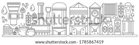 Beer Brewery production conveyor process panorama. Line factory beer black panoramic background. Outline vintage stroke linear style vector illustration banner. October Fest concept. ストックフォト © 