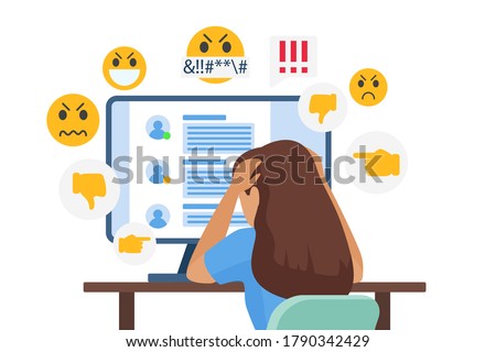 Cyber bullying people vector illustration. Cartoon flat sad young bullied girl character sitting in front of computer with online dislike in social media, cyber bully mockery problem isolated on white