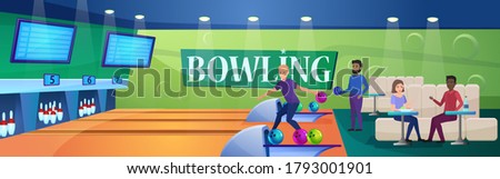 People play bowling game vector illustration. Cartoon flat active friend gamer characters playing in bowling alley, players spending fun time together, leisure playtime or sport activity background