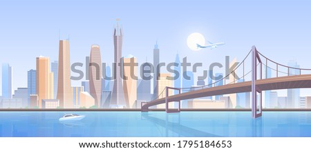 City bridge landscape vector illustration. Cartoon flat modern futuristic metropolis concept, downtown cityscape with high buildings construction skyscrapers, bridge infrastructure, flying air plane