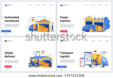 Warehouse technology vector illustrations. Cartoon flat warehousing company website interface design, tech mobile banner set with express automated delivery, packaging and loading, transport logistics