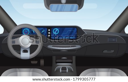 Car auto salon interior vector illustration. Cartoon flat details of front automobile dashboard black panel, window windshield, rudder steering wheel, mirror. Modern car vehicle inside view background