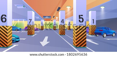 Underground car parking vector illustration. 3d interior design with automobile cars parked indoor in underground parking lots garage of city shopping mall building or supermarket basement background