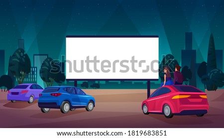 Open air car cinema theater vector illustration. Cartoon couple drivers characters sitting, watching movie at big empty blank white screen outdoor festival car film at night