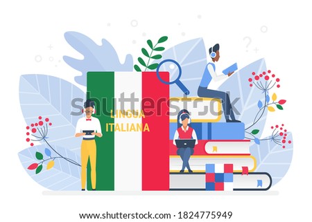 Online Italian language courses flat illustration. Distance education, remote Italian school or university. Language Internet class, e learning, Students reading books. Teaching foreign languages isolated