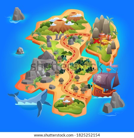 Treasure game map vector illustration. Cartoon tropical island map showing road direction to pirate gold treasure, through mountains and forests, starting from piratical ship by sea, gaming background